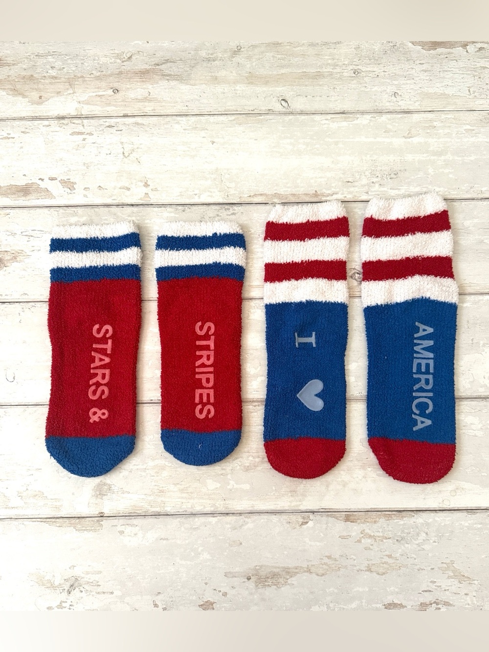 Patriotic Red White & Blue Fuzzy Winter Cozy Socks Bundle Set of 2 Pair